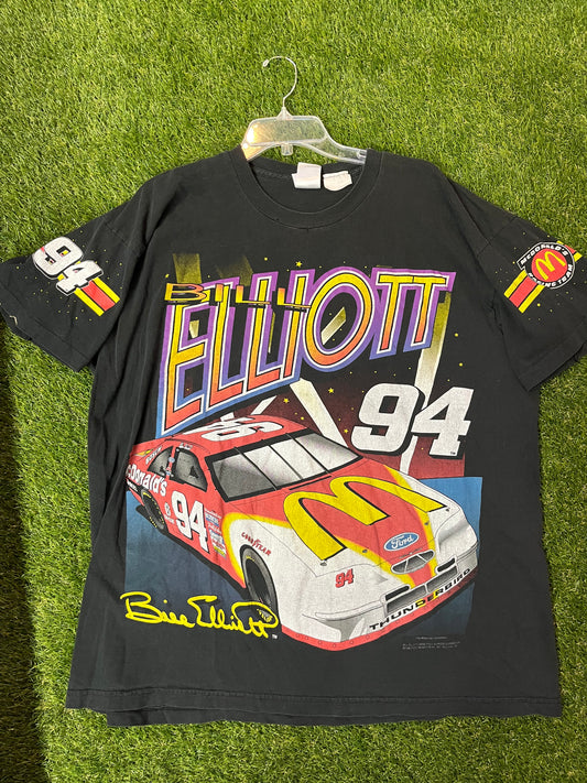 Vintage 90s NASCAR Tee - Bill Elliott #94 McDonalds Car AOP (1996)